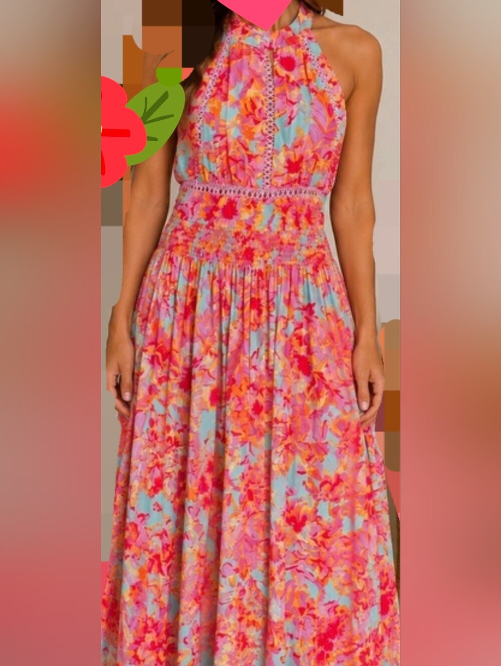 NWOT Anthro Abel The Label Tropical Floral Halter Self-tie Back Maxi Pink & Aqua